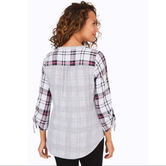 FOXCROFT Marlin Double Face Plaid White Grey Pink Button Down Shirt - Picture 4 of 4